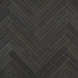 Suelo laminado en espiga Berry Alloc Chateau+ Charme Black, diseño elegante en tono negro con acabado madera natural.