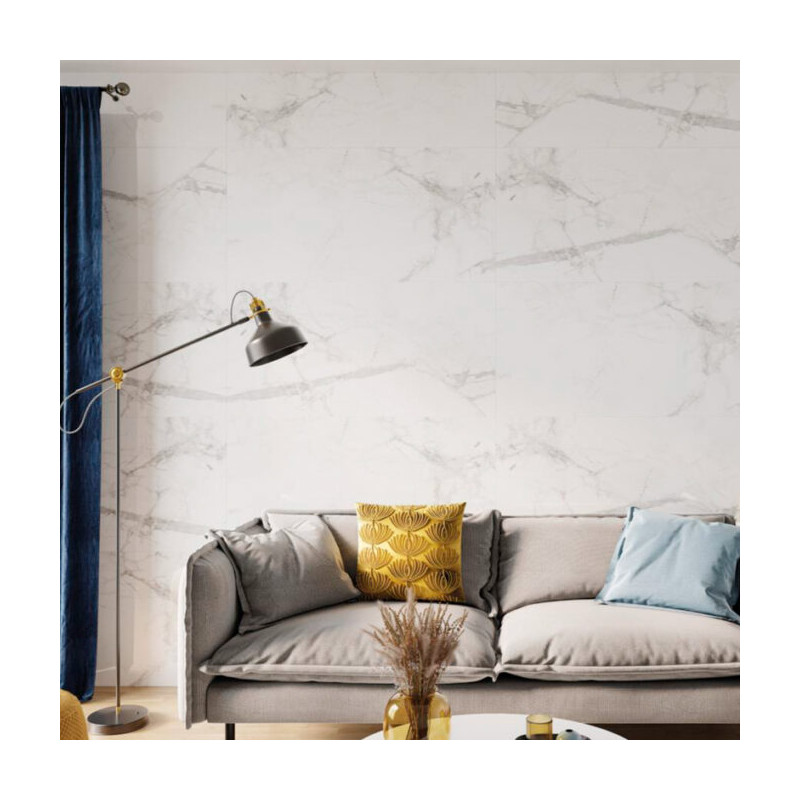 Calacatta Snow: panel decorativo SPC blanco mate con vetas elegantes.