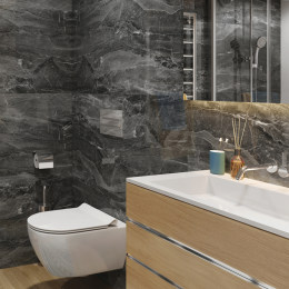 Panel SPC Dark Stone en acabado oscuro brillante, ideal para interiores modernos y elegantes.