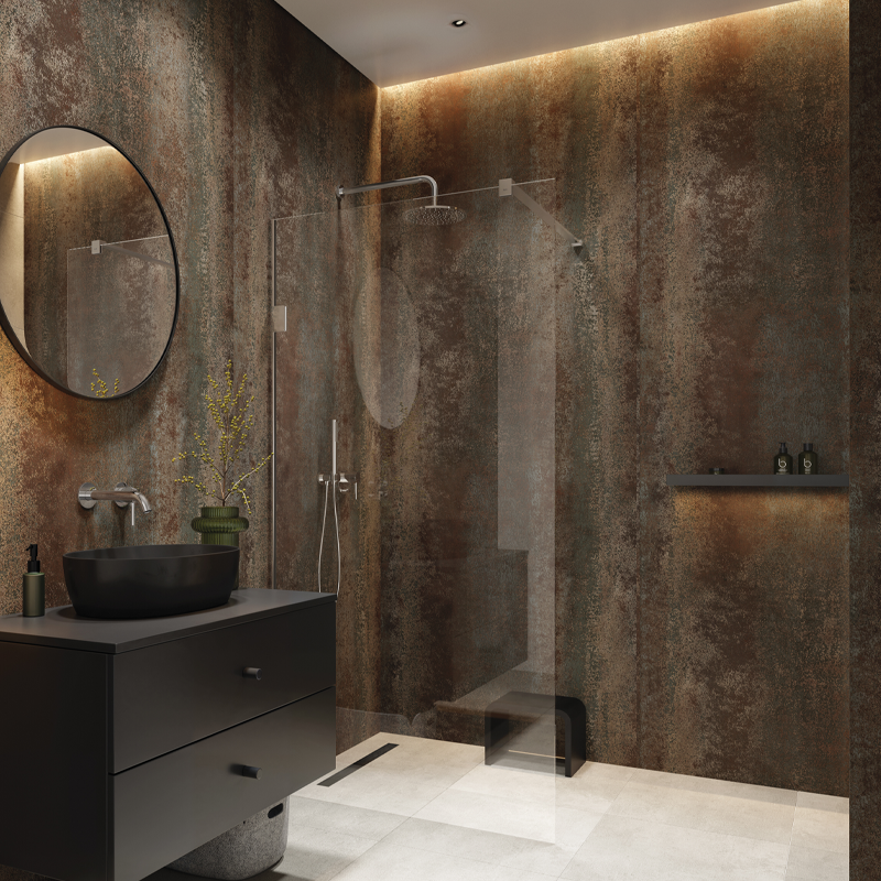 SPC panel decorativo de gran formato con acabado óxido mate: carácter industrial y estilo contemporáneo.